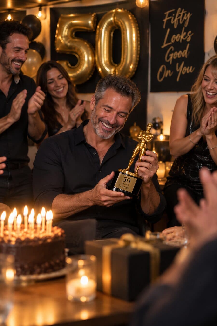 A man at his fiftieth birthday party holding a gold award, friends applauding around him