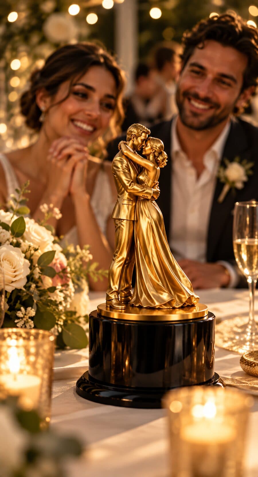 A couple smiling at their wedding table beside a gold trophy of the two of them dancing