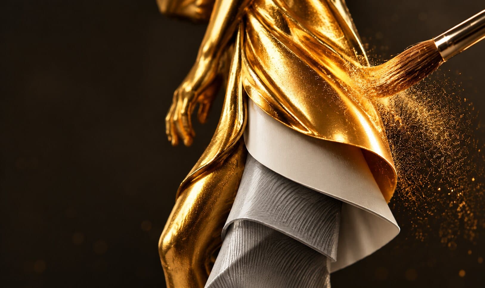 A gold trophy cut away to show its layers: grey 3D print, white primer, and the gold coat being brushed on