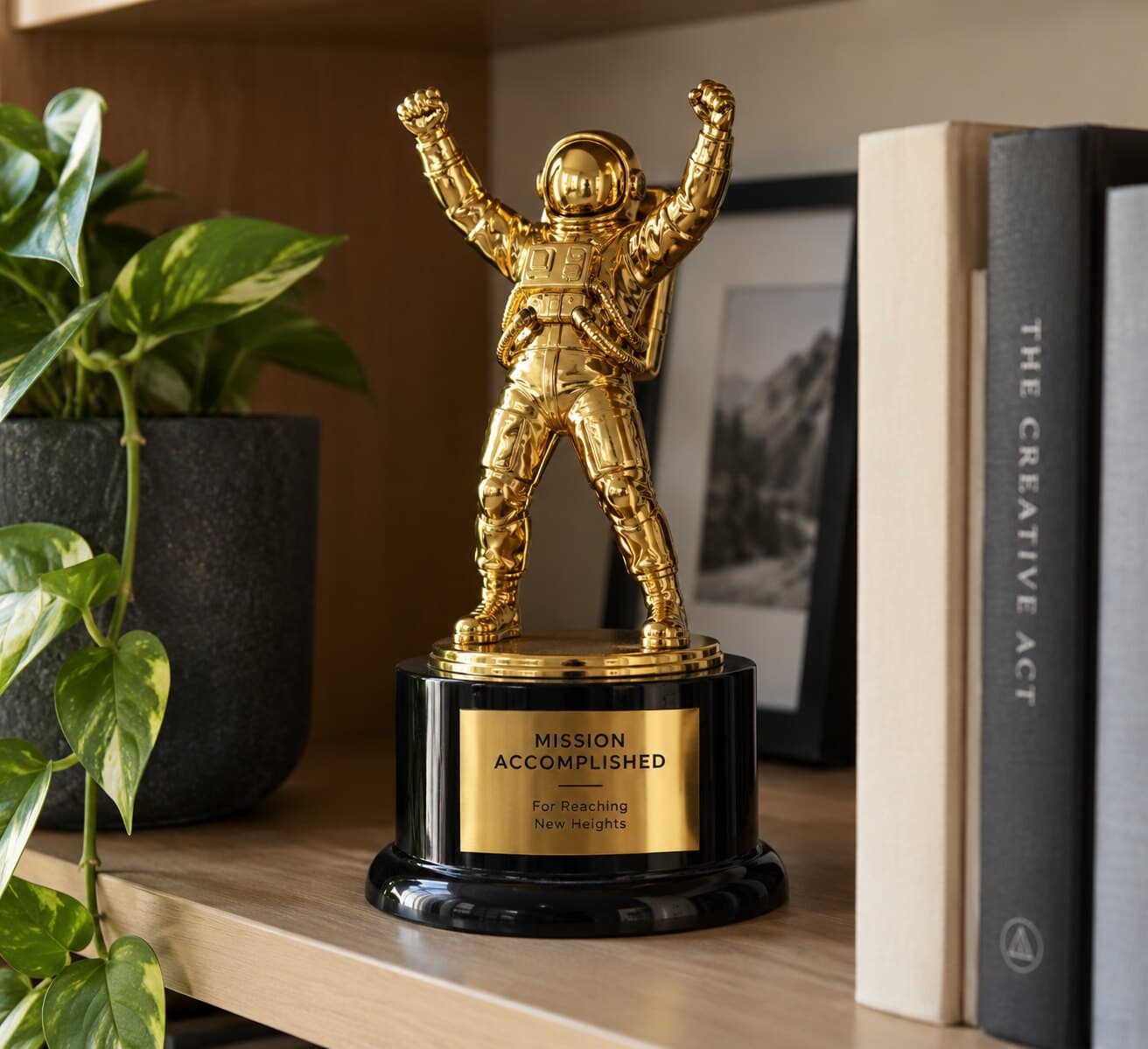 A gold astronaut trophy with raised fists on a black base engraved Mission Accomplished, For Reaching New Heights, sitting on a bookshelf beside a plant and books